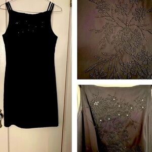 Vtg. CDC Dress Sheath Formal Y2K Black Square Neck Beads Spaghetti Straps Sz 12